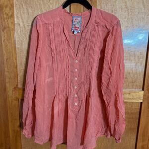 Johnny Was Blouse Large Pink Boho Tunic Top Pintuck Button Front Shirt